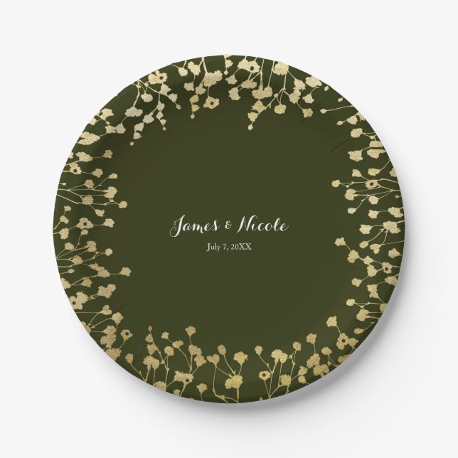 Gold Baby's Breath Floral Rustic Olive Green Paper Plates (Front)