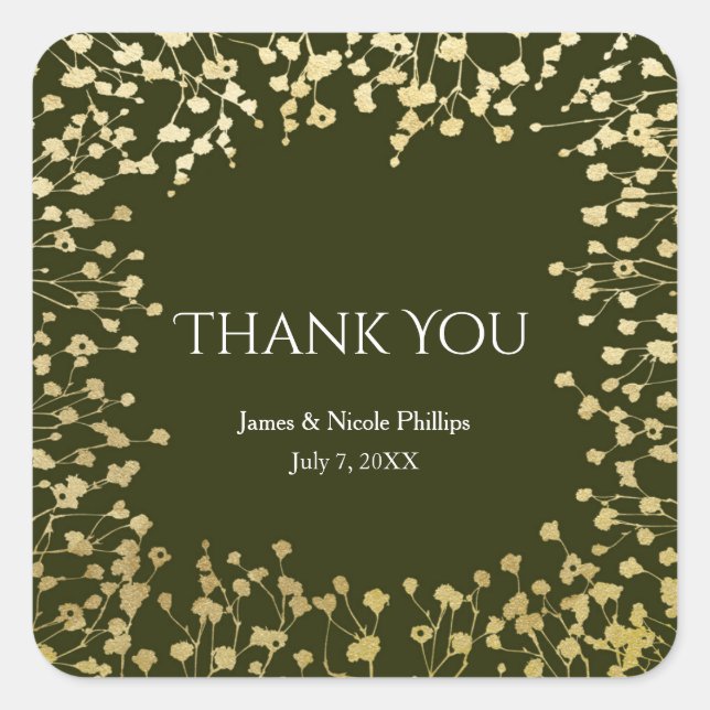 Gold Baby's Breath Floral Rustic Olive Green Square Sticker (Front)