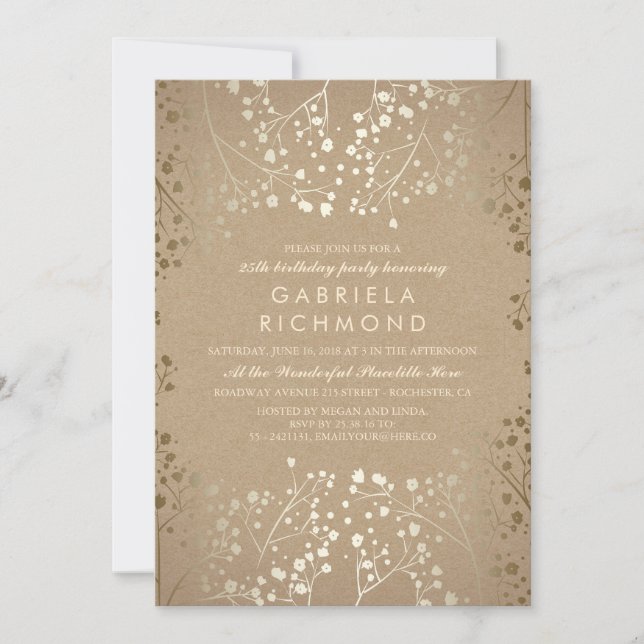 Gold Baby's Breath Kraft Birthday Party Invitation (Front)
