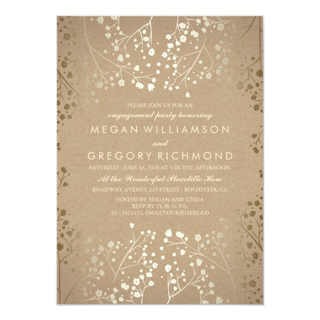 Gold Baby's Breath Kraft Engagement Party Invitation