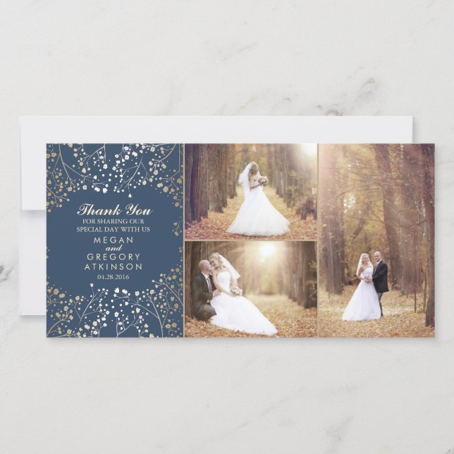 Gold Baby's Breath Navy Wedding Photo Thank You (Front)