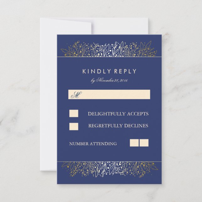 Gold Baby's Breath Navy Wedding RSVP Cards (Front)