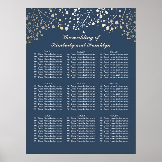 Gold Baby's Breath Navy Wedding Seating Chart Poster