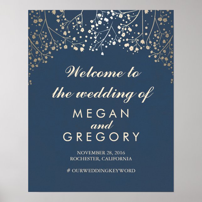 Gold Baby's Breath Navy Wedding Welcome Sign (Front)