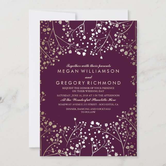 Gold Baby's Breath Plum Vintage Wedding Invitation (Front)