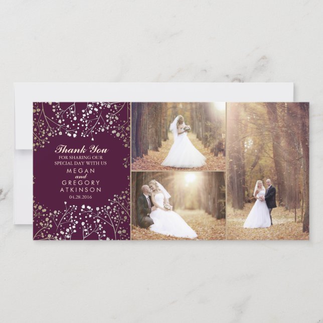 Gold Baby's Breath Plum Wedding Photo Thank You Card (Front)