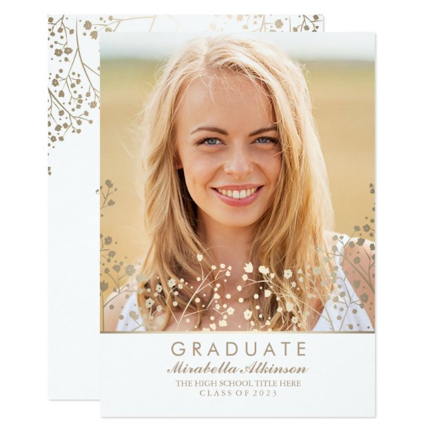 Gold Baby's Breath White Photo Graduation Card