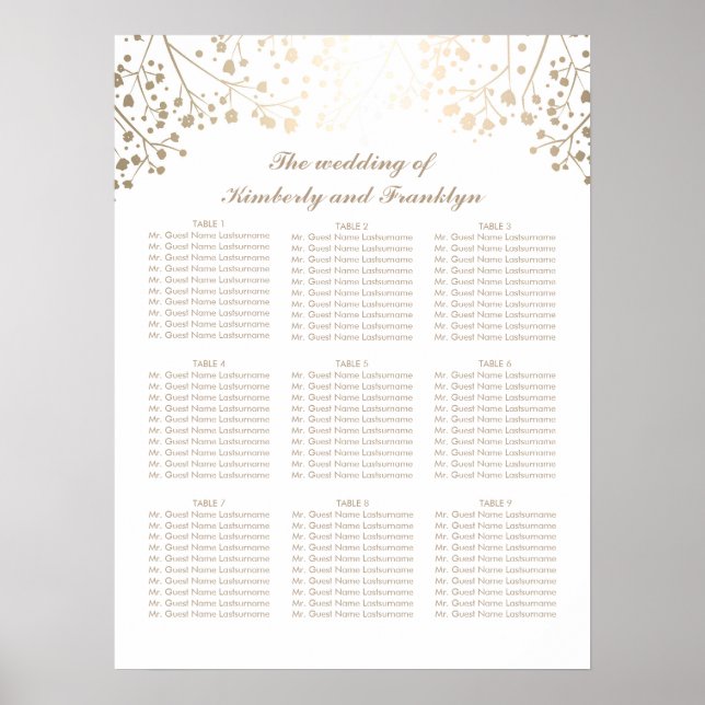 Gold Baby's Breath White Wedding Seating Chart (Front)