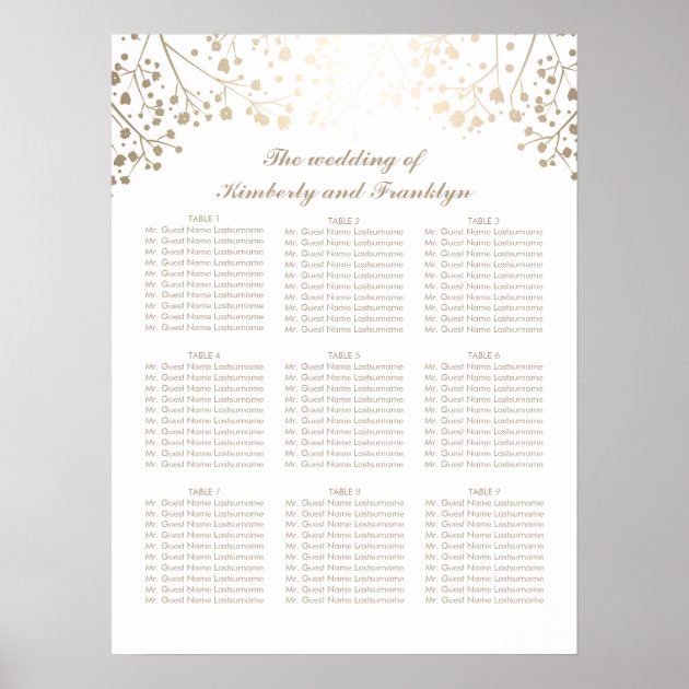 Gold Baby's Breath White Wedding Seating Chart Poster