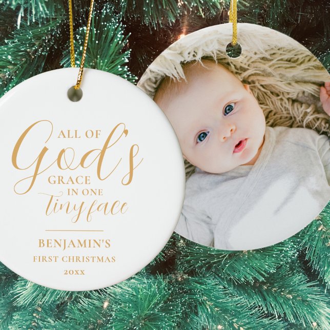 Gold Baby's First Christmas Religious Christmas Ceramic Ornament (Religious Baby's First Christmas ornament with a simple, minimalist, gold and white design)