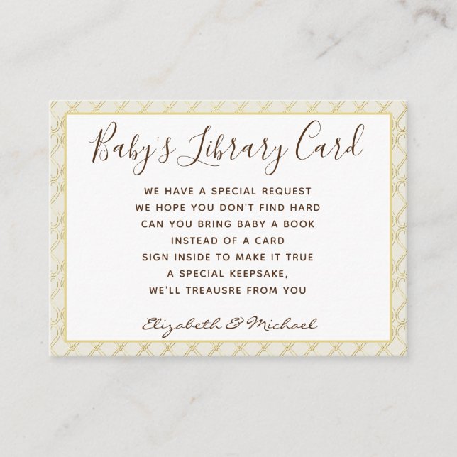 Gold Babys Library Card Book Request Neutral Chic (Front)