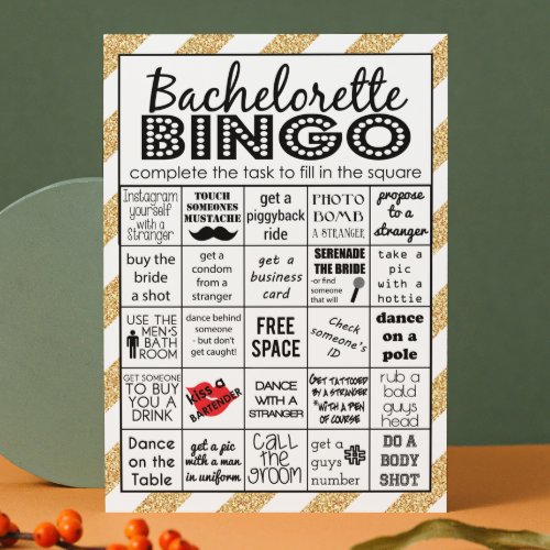 Gold Bachelorette Bingo Party Game Challenge Invitation