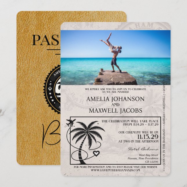 Gold Bahamas Passport Wedding Invitation (Front/Back)