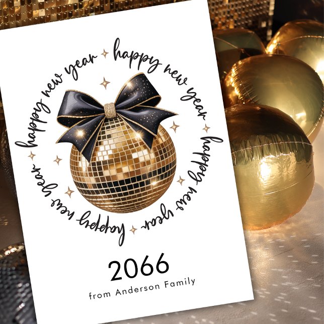 Gold Ball Black Bow Happy New Year 2026 Non Photo Holiday Card (Creator Uploaded)