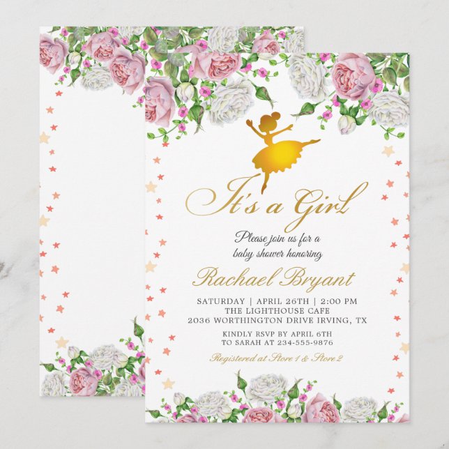 Gold Ballerina Its a Girl Floral Baby Shower Invitation (Front/Back)
