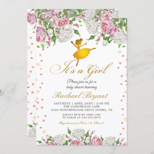 Gold Ballerina Its a Girl Floral Baby Shower Invitation
