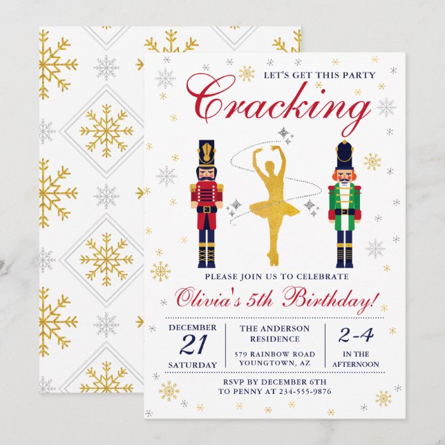 Gold Ballerina Nutcracker Christmas Birthday Invitation (Front/Back)