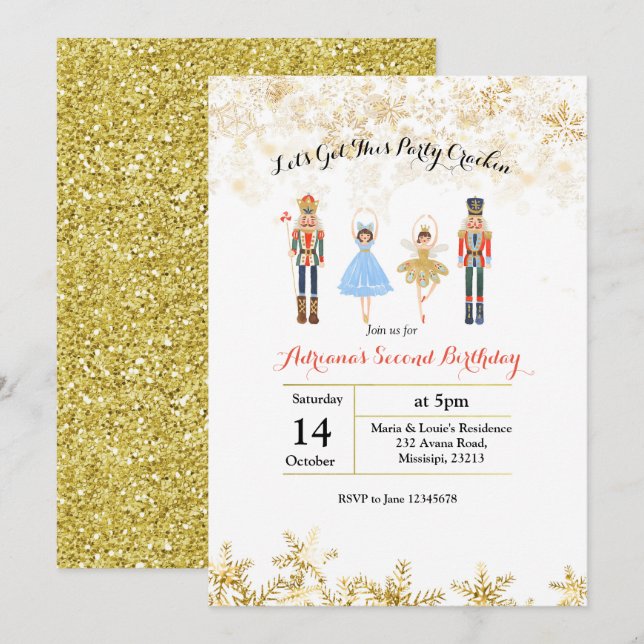 Gold Ballet Christmas Glitter Birthday Invite (Front/Back)