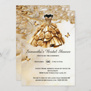 Gold ballgown rose flowers bride to be bridal invitation