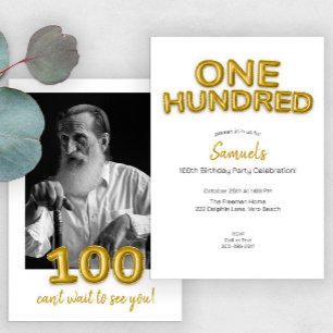 Gold Balloon 100th Birthday Photo Invite
