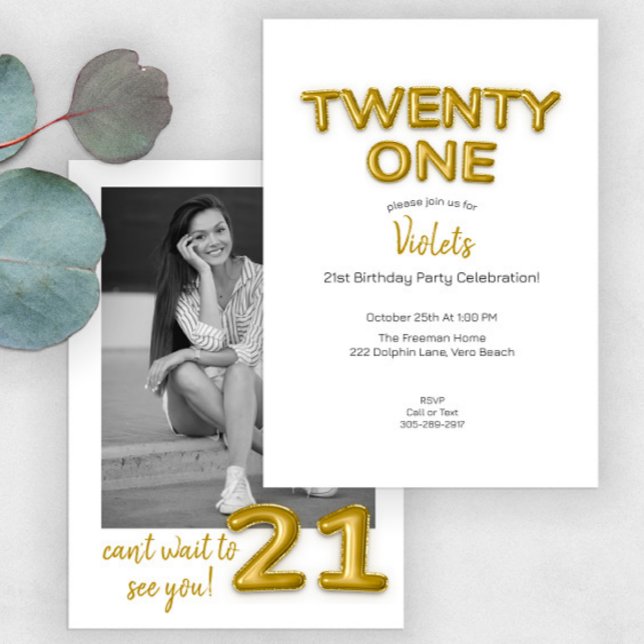 Gold Balloon 21st Birthday Photo Invite (Creator Uploaded)