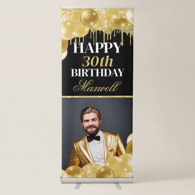 Gold Balloon Birthday Retractable Banner (Front)