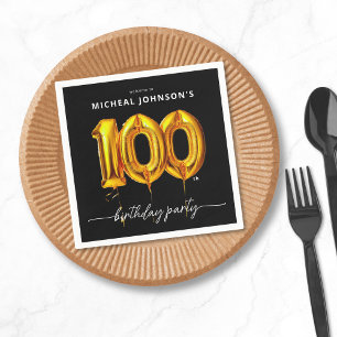 Gold Balloon Black 100th Birthday Party Napkins