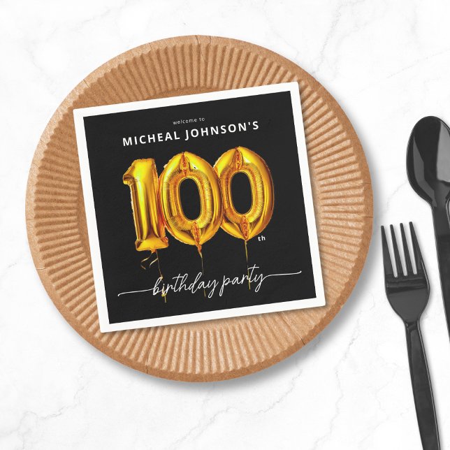 Gold Balloon Black 100th Birthday Party Napkins (Gold Balloon Black 100th Birthday Party Napkins)