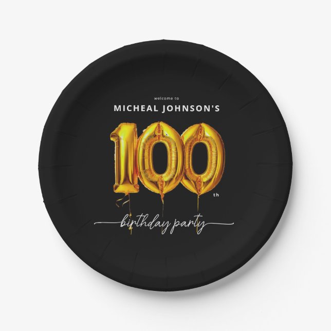 Gold Balloon Black 100th Birthday Party Paper Plates (Front)