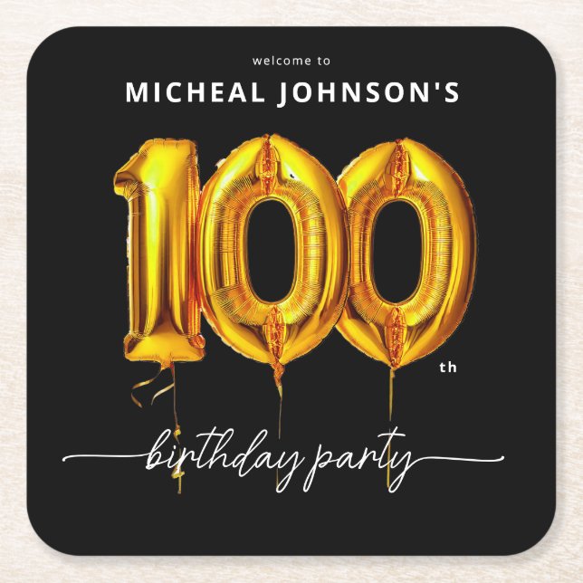 Gold Balloon Black 100th Birthday Party Square Paper Coaster (Front)