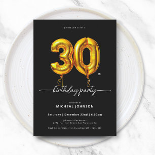 Gold Balloon Black 30th Birthday Invitation