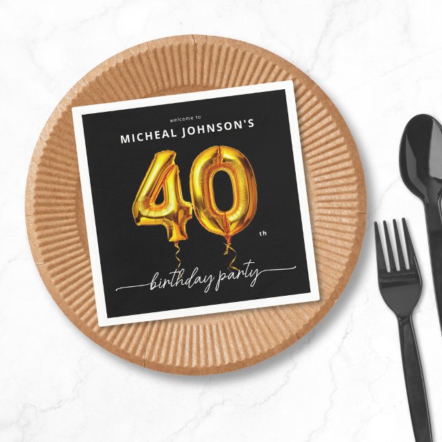 Gold Balloon Black 40th Birthday Party Napkins (Gold Balloon Black 40th Birthday Party Napkins)