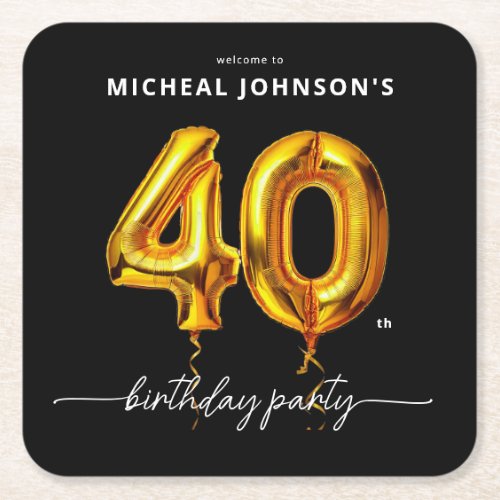 Gold Balloon Black 40th Birthday Party Square Paper Coaster
