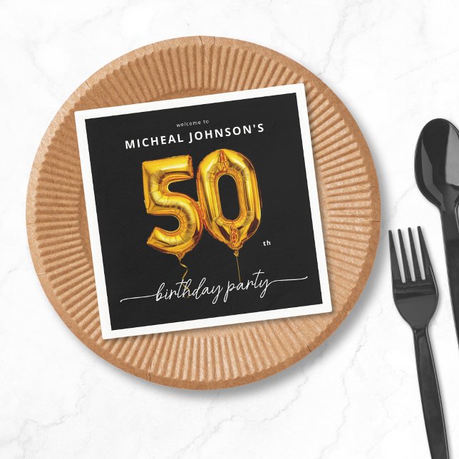 Gold Balloon Black 50th Birthday Party Napkins (Gold Balloon Black 50th Birthday Party Napkins)