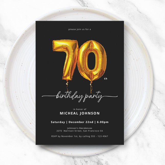 Gold Balloon Black 70th Birthday Invitation (Gold Balloon Black 70th Birthday Invitation)