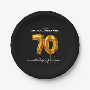 Gold Balloon Black 70th Birthday Party Paper Plates