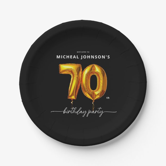 Gold Balloon Black 70th Birthday Party Paper Plates (Front)