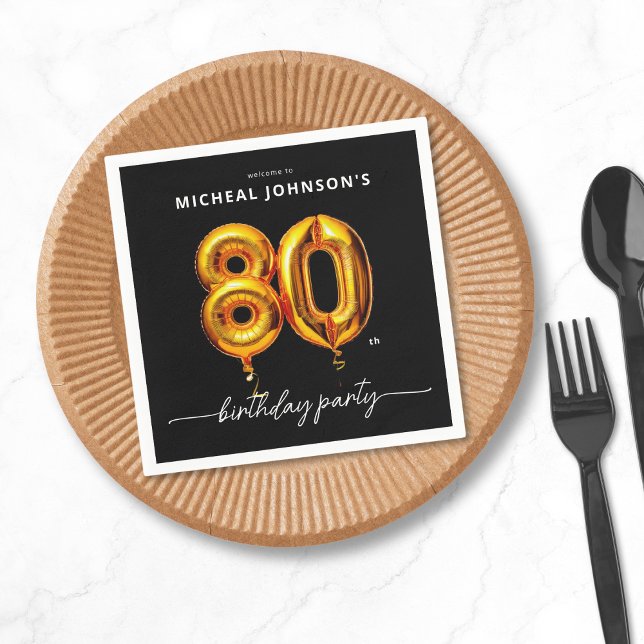 Gold Balloon Black 80th Birthday Party Napkins (Gold Balloon Black 80th Birthday Party Napkins)