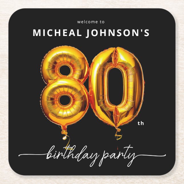 Gold Balloon Black 80th Birthday Party Square Paper Coaster (Front)