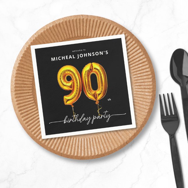 Gold Balloon Black 90th Birthday Party Napkins (Gold Balloon Black 90th Birthday Party Napkins)