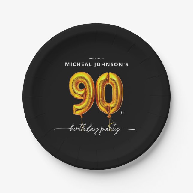Gold Balloon Black 90th Birthday Party Paper Plates (Front)