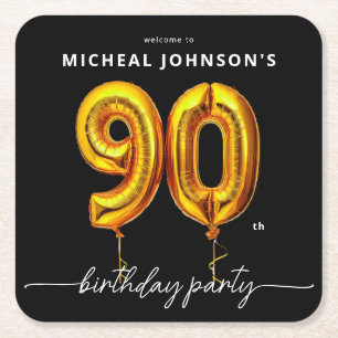 Gold Balloon Black 90th Birthday Party Square Paper Coaster