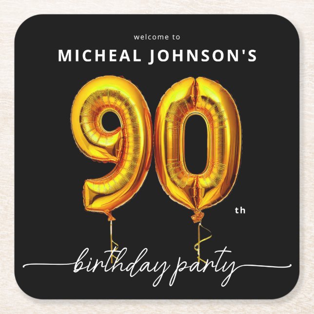 Gold Balloon Black 90th Birthday Party Square Paper Coaster (Front)