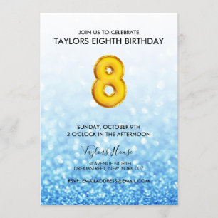 Gold Balloon Blue Glitter 8th Birthday Party Invitation