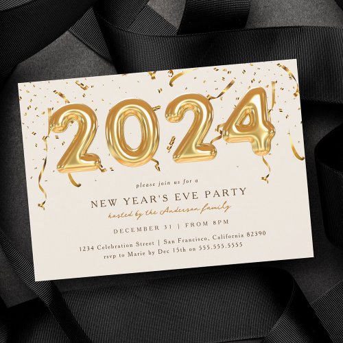 Gold Balloon Confetti 2024 New Years Eve Party Invitation