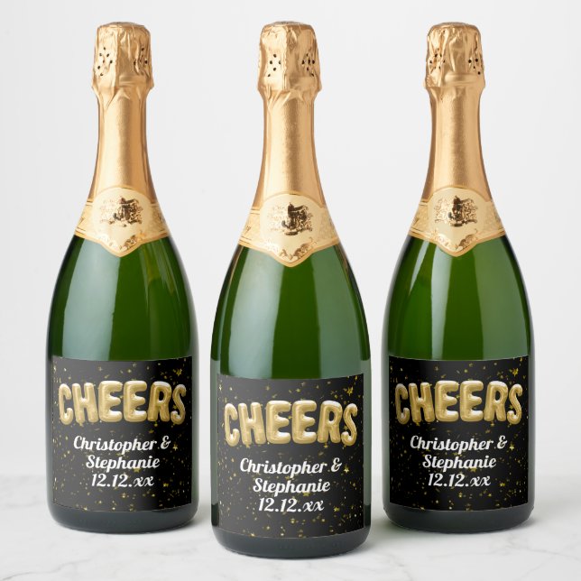 Gold Balloon Confetti Cheers Custom Bridal Wedding Sparkling Wine Label (Bottles)