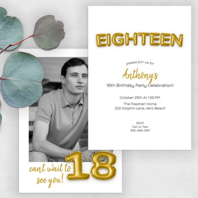 Gold Balloon Eighteenth Birthday Photo Invite (Creator Uploaded)