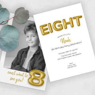 Gold Balloon Eighth Birthday Photo Invite