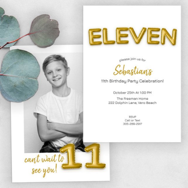 Gold Balloon Eleventh Birthday Photo Invite (Creator Uploaded)