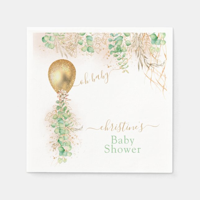 Gold Balloon Eucalyptus Glitter Baby Shower Napkins (Front)